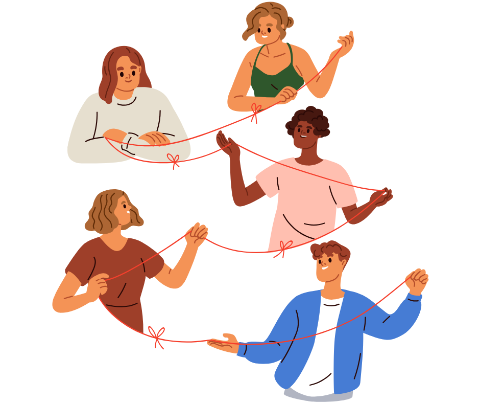 group of people connected by string